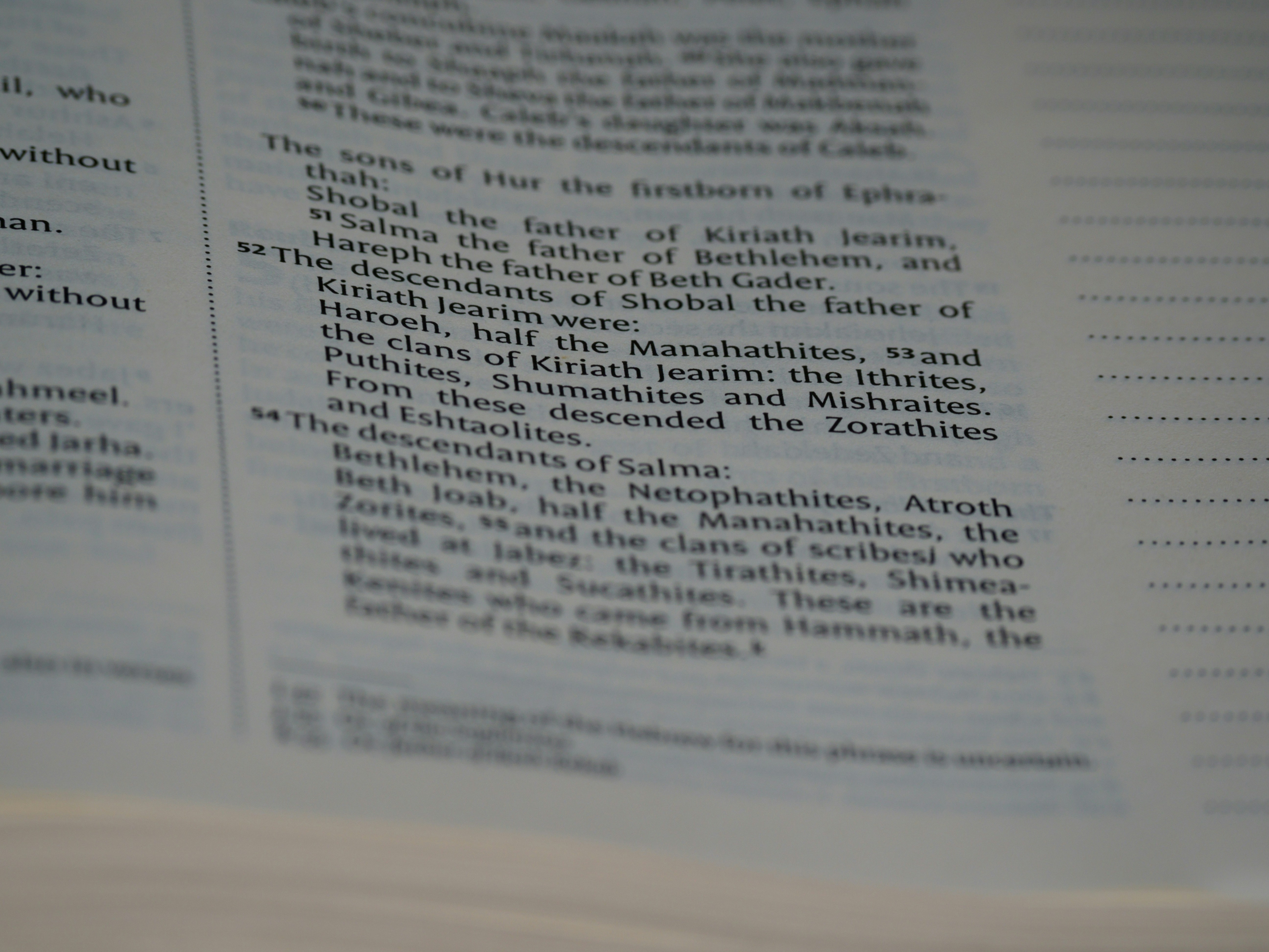 close up, bokeh, macro, blur, blurred background, close focus, bible, old testament, hebrew bible, christian, judaism, history, text, reading, bible study, devotions, text, NIV, New International Version, type, typography, canon, christianity, holy scripture, holy bible, scripture, chronicles, 1 chronicles, דִּבְרֵי־הַיָּמִים, Diḇrê Hayyāmîm, hebrew bible, final book, ketuvim, tanakh, septuagint, Paralipoménōn,  Books of Paralipomenon, first chronicles, historical, <br>